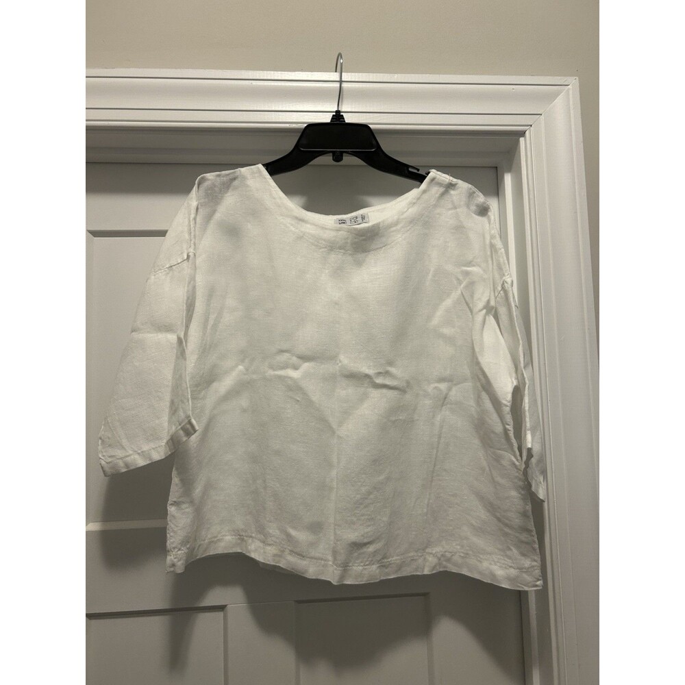 Lino 100% Italian Linen Top Size Large White Boxy Fit 3/4 Sleeve Blouse Shirt